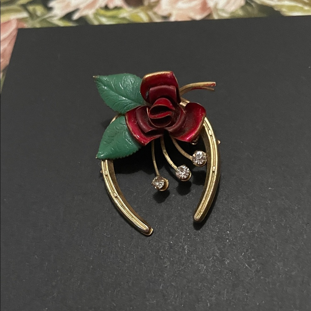 Red Rose Brooch with Gold Accents